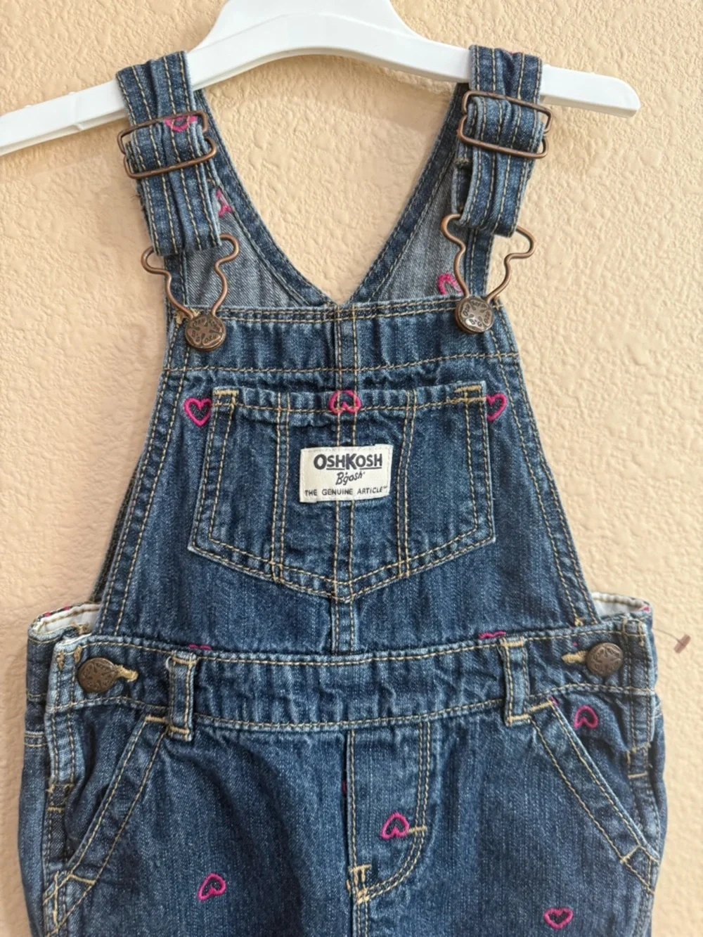 OshKosh B'gosh Dark Blue Denim Overalls with Pink Heart Details-18months